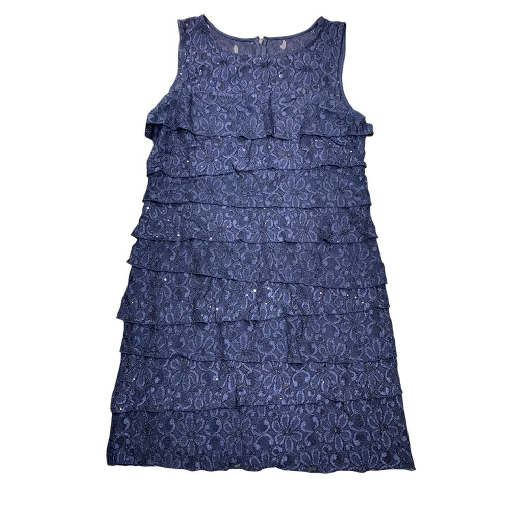 Sleeveless Blue Dress Floral Lace Tassels Colored Rhinestone Accents Size 14P